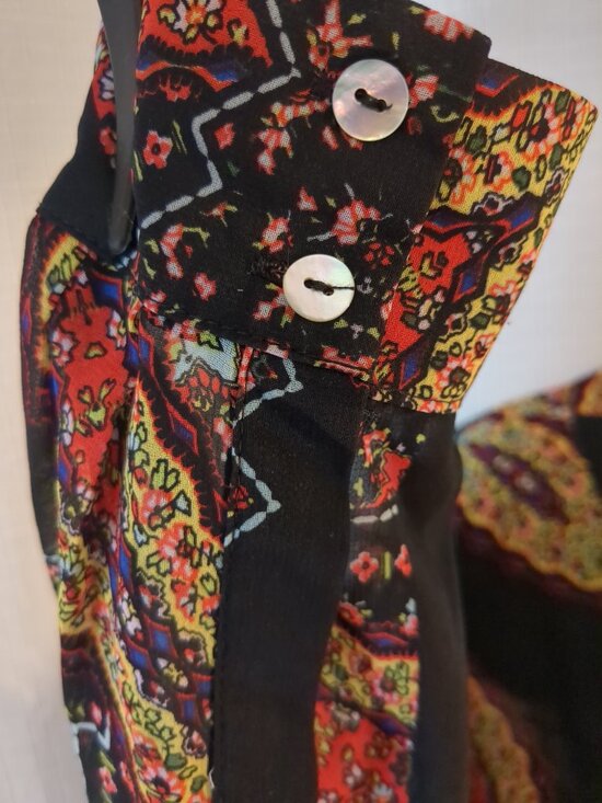 Sheer Black Partial Button Blouse / Tunic with colors of red / yellow /cream / - Picture 15 of 16